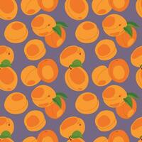 Apricot seamless pattern. Vector. Fruits whole and cut into pieces on a dark background. Summer tropical endless background for label, fabric, packaging. vector