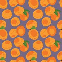 Apricot seamless pattern. Vector. Fruits whole and cut into pieces on a dark background. Summer tropical endless background for label, fabric, packaging. vector