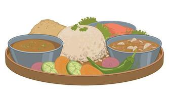 Nepalese Thali Set Dal Bhat, Vegetarian dish. Vector, flat style. White boiled rice, curry, flatbread, sauce, yashgurt, vegetables, dal, spicy seasonings. Simple food for strength in the mountains. vector