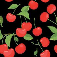 Seamless pattern with cherry on a black background. Flat style vector illustration for summer stylish design, wallpapers, packaging, textiles, fabrics.