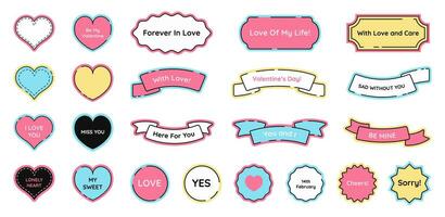 Valentine's Day cute sticker pack with heart symbols and different round and wavy badges. Labels with short cheerful phrases. Vector illustration.