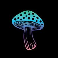 Vector flat fly agaric mushroom icon isolated on black background. amanita. psychedelic colors