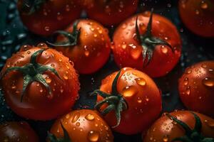 Many tomatoes with water drops, abstract background. Neural network AI generated photo
