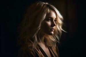 Portrait of a blonde girl on a dark background. Neural network AI generated photo
