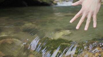 les doigts dans écoulement courant l'eau. lent mouvement. video