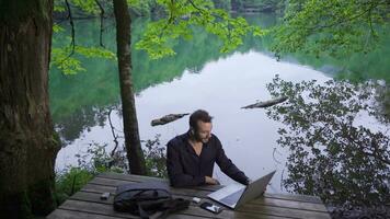 Video Konferenz mit Laptop im das Wald.