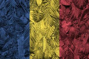 Rumania bandera representado en muchos hojas de monstera palma arboles de moda de moda fondo foto