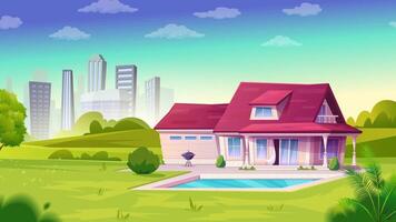 cartoon house with pool and city in the background video