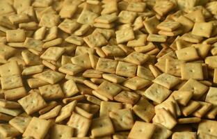 Background texture of small edible squares baked from dough and sprinkled with salt. A lot of salt cracker photo
