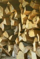 A lot of dry chopped firewood is stacked in the period of preparation for the furnace photo