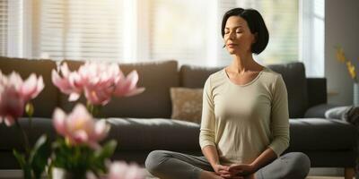 woman is meditating at home with eyes closed, generative AI photo