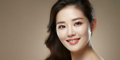 Asian 30-40 years old woman with smooth healthy face skin. skincare commercial portrait, generative AI photo
