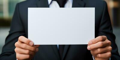 businessman holding blank, empty paper, generative AI photo