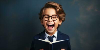 chico es riendo con un libro, generativo ai foto