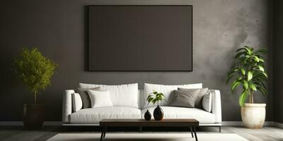 home interior, luxury modern dark living room interior, poster frame mock up, generative AI photo