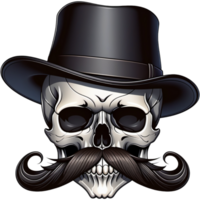 realistisk mänsklig skalle med mustasch och hatt skjorta design. ai generativ png
