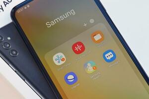 KYIV, UKRAINE - 4 MAY, 2023 Samsung Galaxy A04 Android smartphone has 6.5-inch PLS LCD panel with Infinity-V design photo