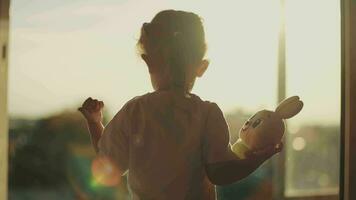 a criança carrinhos perto a janela durante pôr do sol e detém uma suave brinquedo dentro dele mão. video