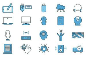 computer technology icon set. laptop, monitor, cloud computing, humanoid, firewall, access point, cyber security, etc. flat line icon style design. Simple vector design editable