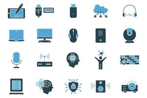 computer technology icon set. laptop, monitor, cloud computing, humanoid, firewall, access point, cyber security, etc. solid icon style design. Simple vector design editable