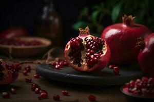 Ripe pomegranate with juicy seeds, on old wooden table. Neural network AI generated photo