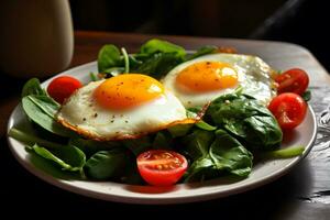 Scrambled eggs and vegetable salad. Neural network AI generated photo
