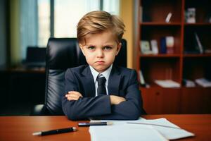 A kid in a business suite being bossy in an office.AI generative photo