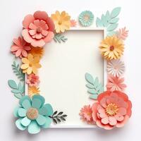 Frame made of paper flowers. Postcard, birthday, Easter, holiday, decor, design on white background photo