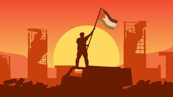 Palestine landscape vector illustration. Silhouette of man holding palestine flag in the destroyed city. Landscape illustration of war for social issues, news, support or conflict