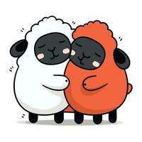 Cute cartoon sheep hugging each other. Vector illustration on white background.