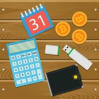 Salary in crypto coin bitcoin. Crypto salary on wallet, bitcoin and calculator. Vector illustration