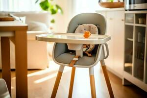 Conventional baby feeding chair in the dining table at home or kitchen. Child high chair furniture concept by AI Generated photo