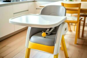 convencional bebé alimentación silla en el comida mesa a hogar o cocina. niño alto silla mueble concepto por ai generado foto