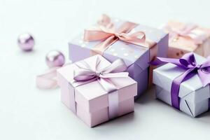 Colorful gift boxes present with ribbon and bow. For birthday, christmas gift or valentine occasions concept by AI Generated photo