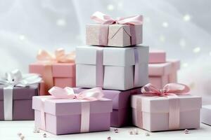 Colorful gift boxes present with ribbon and bow. For birthday, christmas gift or valentine occasions concept by AI Generated photo