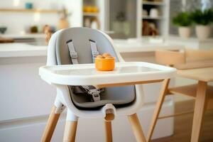 convencional bebé alimentación silla en el comida mesa a hogar o cocina. niño alto silla mueble concepto por ai generado foto