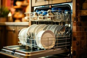 Opened dishwasher machine in kitchen room with dirty plates or clean dishes after washing inside concept by AI Generated photo