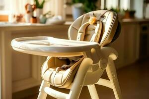 Conventional baby feeding chair in the dining table at home or kitchen. Child high chair furniture concept by AI Generated photo