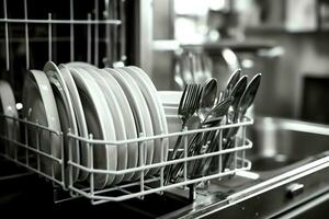 abrió lavavajillas máquina en cocina habitación con sucio platos o limpiar platos después Lavado dentro concepto por ai generado foto