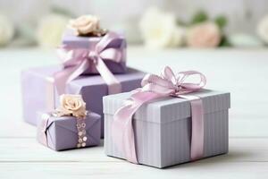 Colorful gift boxes present with ribbon and bow. For birthday, christmas gift or valentine occasions concept by AI Generated photo