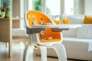 Conventional baby feeding chair in the dining table at home or kitchen. Child high chair furniture concept by AI Generated photo