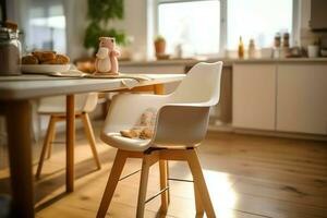 convencional bebé alimentación silla en el comida mesa a hogar o cocina. niño alto silla mueble concepto por ai generado foto