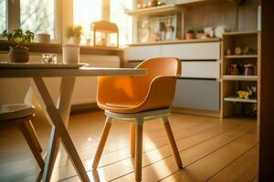 convencional bebé alimentación silla en el comida mesa a hogar o cocina. niño alto silla mueble concepto por ai generado foto