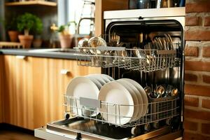 abrió lavavajillas máquina en cocina habitación con sucio platos o limpiar platos después Lavado dentro concepto por ai generado foto