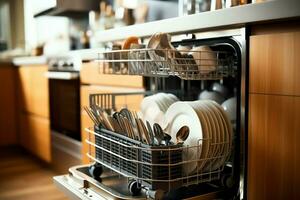 abrió lavavajillas máquina en cocina habitación con sucio platos o limpiar platos después Lavado dentro concepto por ai generado foto