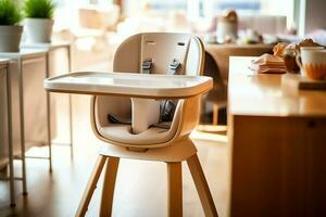 convencional bebé alimentación silla en el comida mesa a hogar o cocina. niño alto silla mueble concepto por ai generado foto