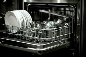 abrió lavavajillas máquina en cocina habitación con sucio platos o limpiar platos después Lavado dentro concepto por ai generado foto