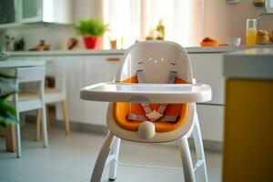 Conventional baby feeding chair in the dining table at home or kitchen. Child high chair furniture concept by AI Generated photo