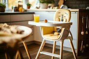 convencional bebé alimentación silla en el comida mesa a hogar o cocina. niño alto silla mueble concepto por ai generado foto