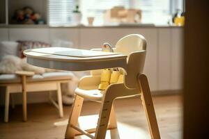 convencional bebé alimentación silla en el comida mesa a hogar o cocina. niño alto silla mueble concepto por ai generado foto